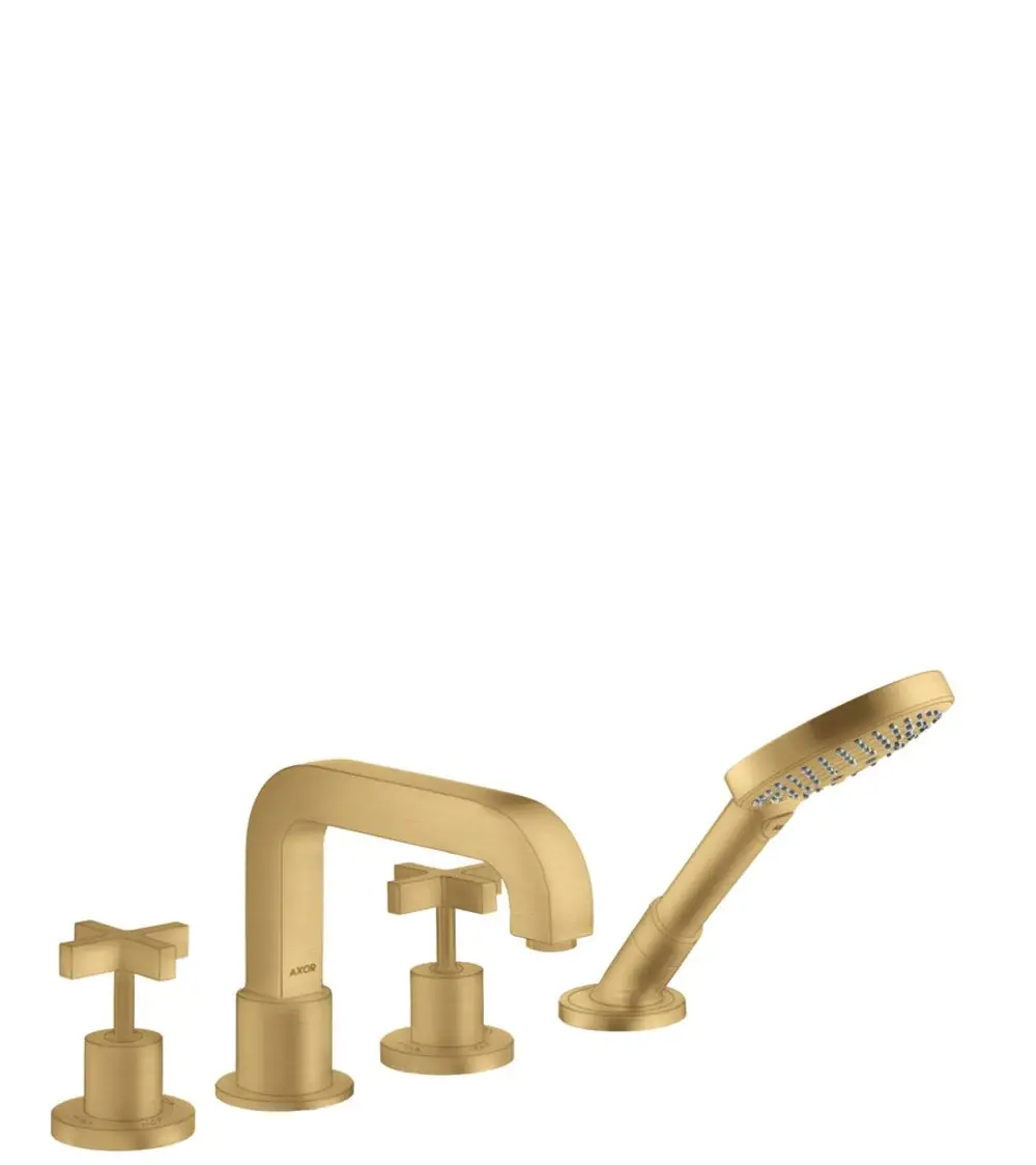 4-teiliges Armaturenset von AXOR in brushed gold mit zwei Kreuzgriffen, einem Wasserhahn und einer Handbrause, designed für die Wandmontage.